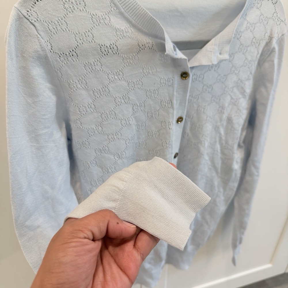 Gucci Womens M Silk Cotton Pointelle Cardigan Light Blue Gold Logo Buttons Italy - Picture 2 of 10